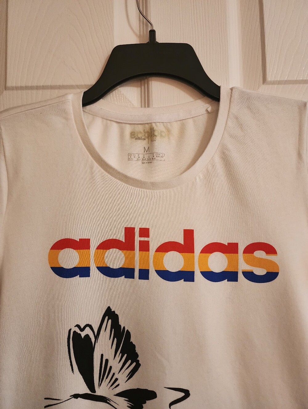 adidas White Tee with Multicolor Logo and Black Butterfly Print - Picture 3 of 5